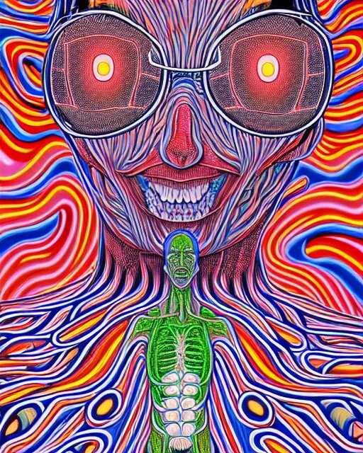 Human Body breaking away, Conjuring Psychedelic Illustration, part by Shintaro Kago, part by Alex Gray, ultra realistic, highly detailed, 8k, symmetry, grotesque, vibrant,