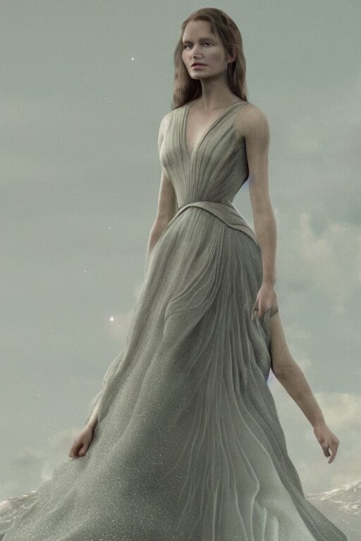 Elegant Beautiful dress Inspired by Interstellar with a Beautiful atmospheric background by Carlos Paboudjian. Ultra HD, Realistic. Octane Render, V-Ray. Hyper realism. Ultra Detailed. Sharp. 50mm, f/1.8