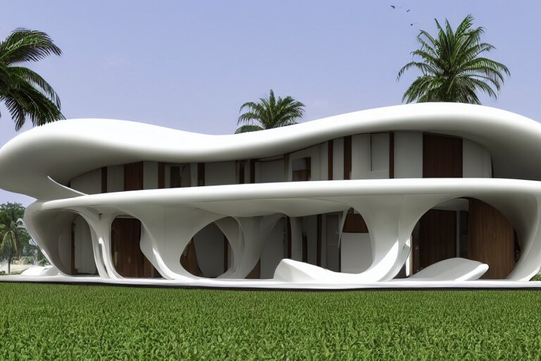 a futuristic assam type house designed by calatrava, bamboo design, realist, render, 8 k 