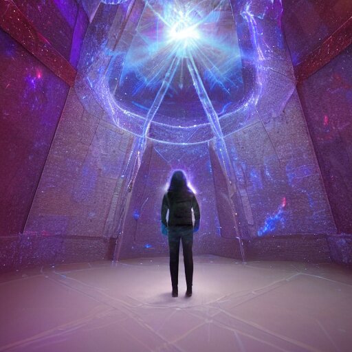 A space wizard stand in front of giant, glowing crystal sits in the center of a dark room, Strange symbols line the walls, and a soft light glows from somewhere deep within the room, highly detailed, digital photo, HDRI, by christopher bretz and kael ngu, vivid colors, high contrast, 8k resolution, intricate, photorealistic, smooth, psychedelic color scheme, concept art, award winning, cg society contest winner