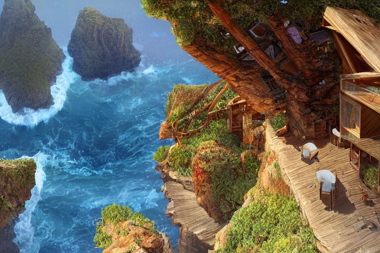 lovely a - frame home sits atop a broad cliff, overlooking the entirety of the blue sky, digital painting by greg rutkowski and gaston bussiere, zbrush, cgsociety contest winner, comprehensive art, intricate, landscape photography, brightly radiant atmosphere, overcast sky, homogeneous to hawaii, 4 k, 8 k 