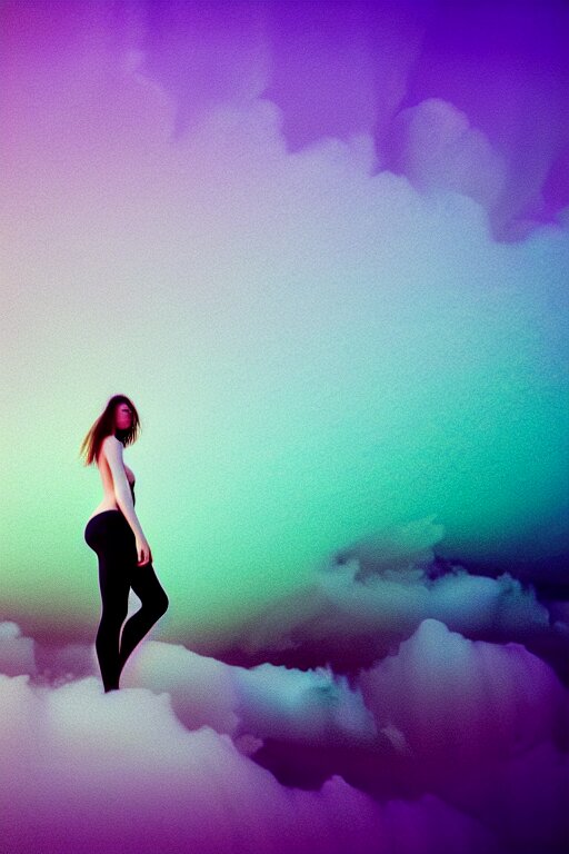 high quality pastel coloured film close up wide angle photograph of a model wearing clothing swimming on cloud furniture in a icelandic black rock!! environment in a partially haze filled dreamstate world. three point light, rainbow. photographic production. art directed. pastel colours. volumetric clouds. pastel gradient overlay. waves glitch artefacts. extreme facial clarity. 8 k. filmic. 