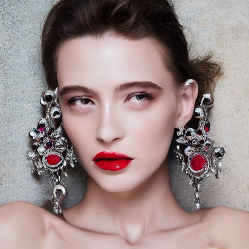 fashion photo, haute couture female model wearing bejeweled scissor earrings:5, bejeweled scissor chest plate:5, bejeweled scissor bracelets:5, hyper realistic, detailed, dramaticly beautiful, 8k, Octane