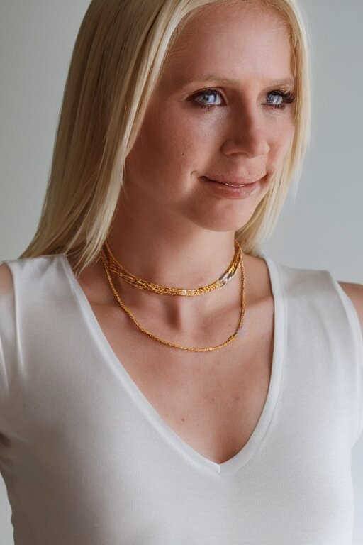 2 4 year old professional blonde female wearing white v - neck top, single gold chain necklace, neck zoomed in, photo realistic, extreme detail skin, very few freckles, no filter, slr, golden hour, 4 k, high definition,! dream 2 4 year old professional blonde female wearing white v - neck top, neck zoomed in, photo realistic, extreme detail skin, light freckles, no filter, slr, golden hour, 4 k, high definition, photograph, selfie - h 7 6 8 - n 9 - i, selfie 