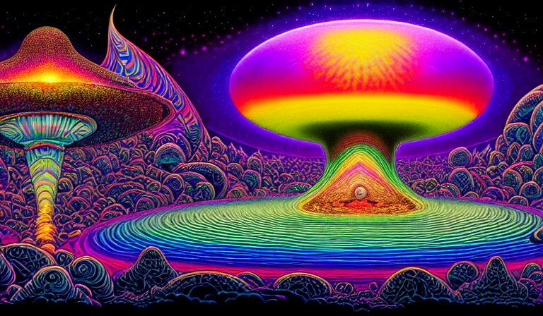 an expansive rendering of beautiful and complex ultimate void and black holes by dan mumford, by jim fitzpatrick, by joe wilson, by jim burns, by victo ngai, by jacek yerka, surrounded with colorful magic mushrooms and rainbowcolored marihuana leaves, insanely integrate, featured on deviant art, trending on artstation 