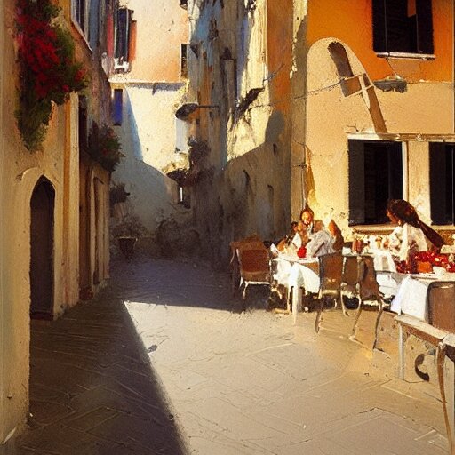 italian restaurant in venice, sunny, shadows, craig mullins 