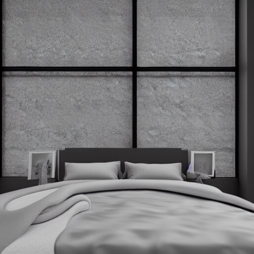 brutalist bedroom, big windows, minimalist architecture, minimalist furniture, octane render, high quality, 8 k, post production 