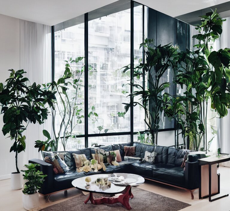 interior of luxury condominium with minimalist furniture and lush house plants and abstract wall paintings | modern architecture by makoto shinkai, ilya kuvshinov, lois van baarle, rossdraws and frank lloyd wright 