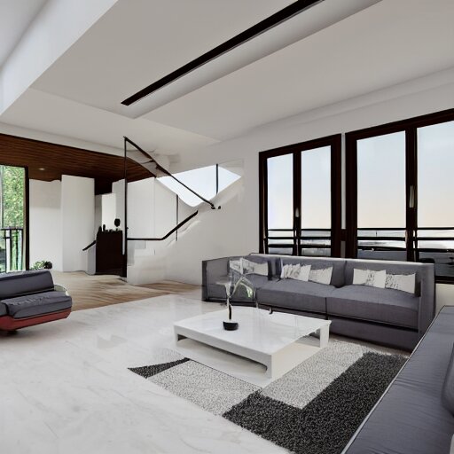 A modern living room with 2 sofas facing each other with a white marble table in the center, on the left side of the living room there is a floor to ceiling glass window while on the right side of the living room there are wooden stairs that lead to the second floor, 8k resolution