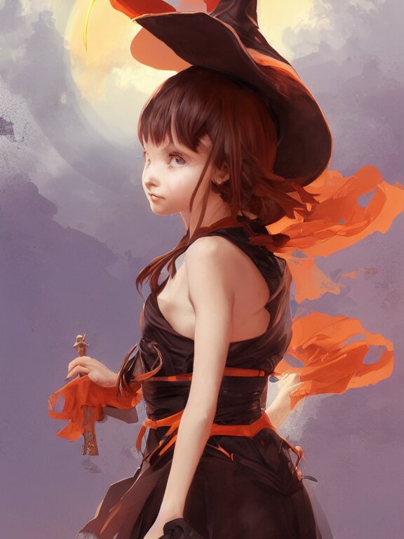 Full shot of a cute mischievous young witch about to get up to some trouble. Latin American fashion. Black and Orange palette. Latina girl. brown skin. By Ruan Jia and Artgerm and Range Murata and WLOP. Key Art. Fantasy Illustration. award winning, Artstation, intricate details, realistic, Hyperdetailed, 8k resolution.