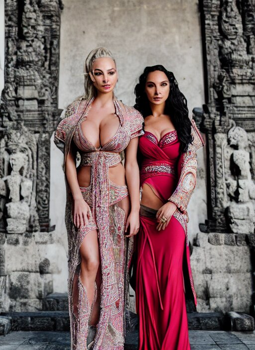 portrait of lindsey pelas and gal gadot wearing kebaya in bali temple, by charlotte grimm, natural light, detailed face, beautiful features, symmetrical, canon eos c 3 0 0, ƒ 1. 8, 3 5 mm, 8 k, medium - format print, half body shot 