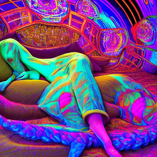 photorealistic sleeping in a trippy psychedelic world. hyperdetailed photorealism, 1 0 8 megapixels, amazing depth, high resolution, 3 d shading, 3 d finalrender, 3 d cinematic lighting, glowing rich colors, psychedelic overtones, artstation concept art. 