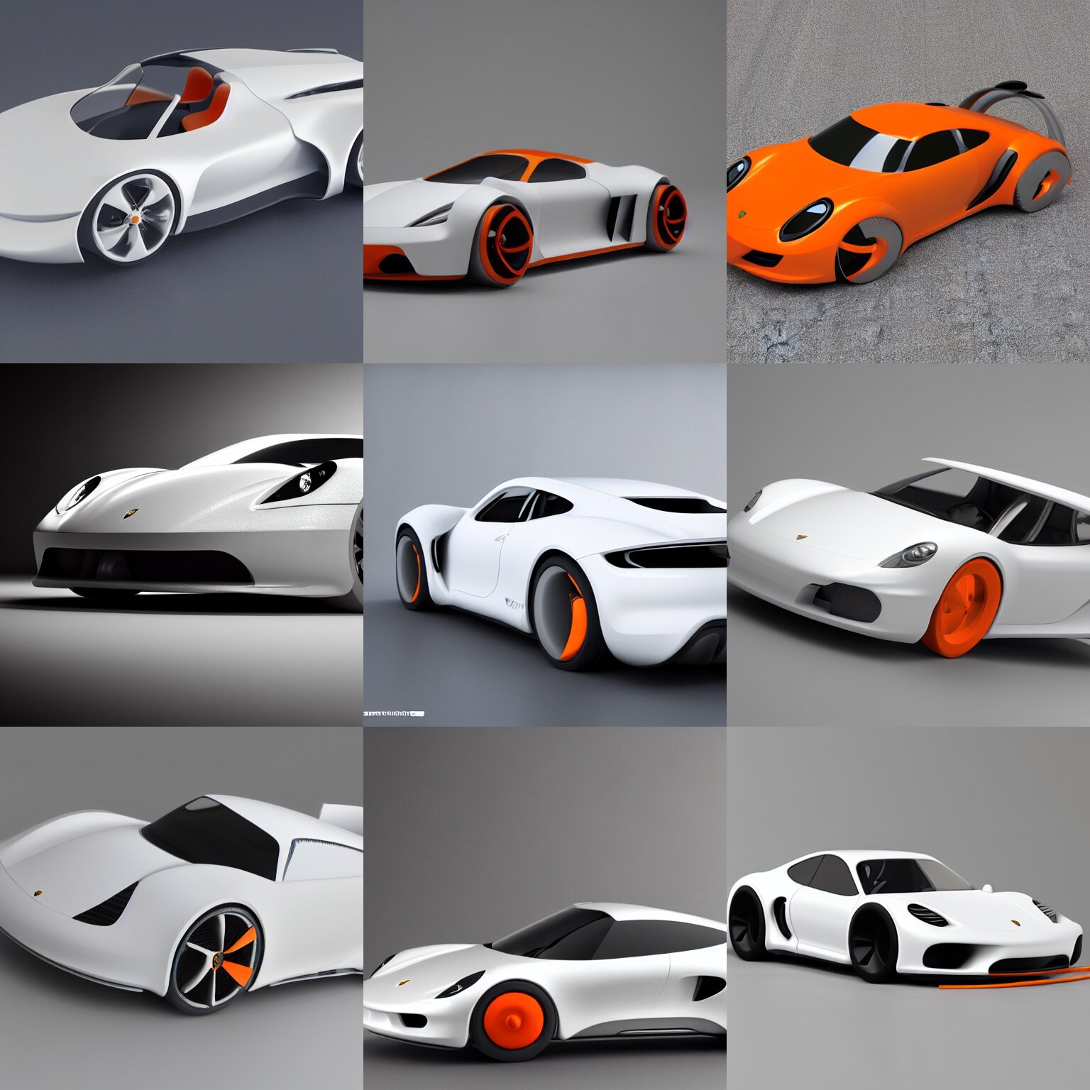 cad render of futuristic porsche, parametric solid works, ( design by apple ), studio photo, white and grey, orange details, octane render 