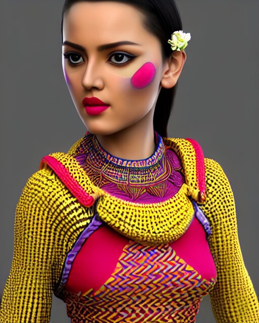 a beautiful cute girl wearing modern stylish costume in the style of Assamese bihu mekhela sador gamosa design, commercial fashion design art by Victor Nizovtsev, face by artgerm and daz3d genesis iray, cinematic lightning, medium shot, mid-shot, slim female figure ramp walk model pose, highly detailed, trending on Artstation, Unreal Engine 4k, cinema 4d ray traced, octane render, cinematic wallpaper