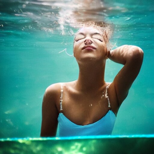 girl with bioluminescent skin swimming underwater