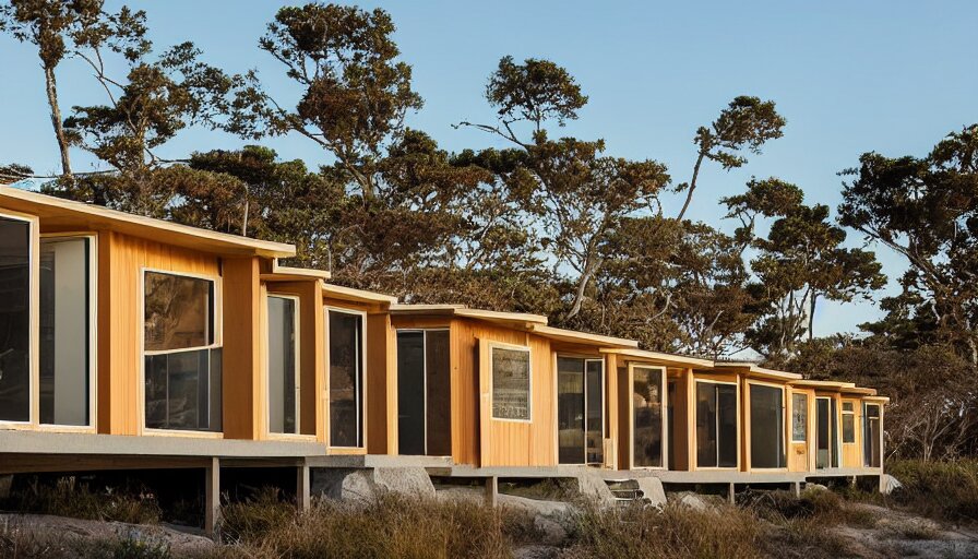 An architectural rending of an eco-community of contemporary 3D printed sea ranch style cabins with rounded corners and angles, beveled edges, made of cement and concrete, organic architecture, on the California coastline with side walks, parks and public space , Designed by Gucci and Wes Anderson, golden hour