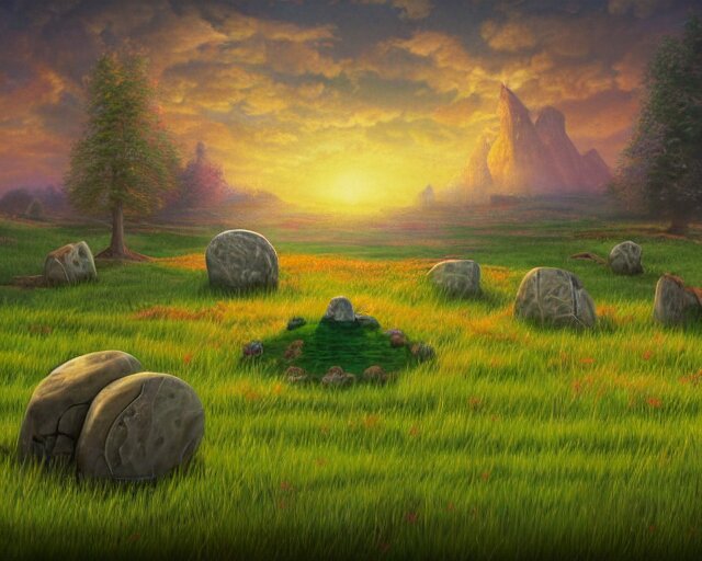 empty grass field with a burned down small stone circle, at midday, from a fantasy themed point and click 2 d graphic adventure game, art inspired by thomas kinkade, 