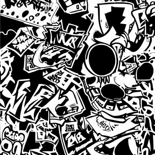 zef design black and white color scheme, graffiti, cute characters 