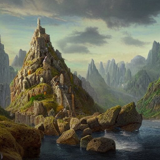 a beautiful and highly detailed matte painting of a colorful yet humble viking temple and fort built of large stones in the distance high in the most epic mountains ever, intricate details, epic scale, insanely complex, 8 k, sharp focus, hyperrealism, very realistic, by caspar friedrich, greg rutowski, james gurney, hudson river school 