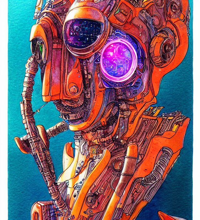 a watercolor ink painting of a cybernertic punk / raver in the style of jean giraud in the style of moebius trending on artstation deviantart pinterest detailed realistic hd 8 k high resolution 