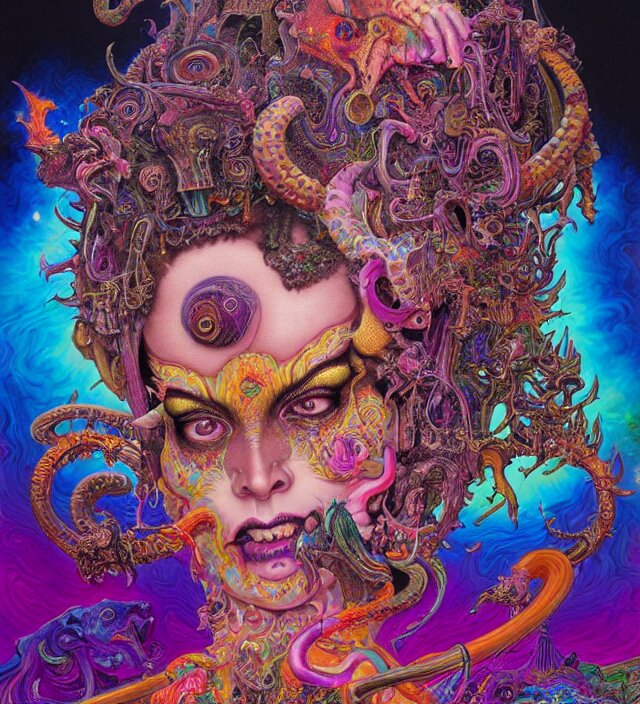 lisa frank blotter acid fantasy character portrait of kali ma, ultra realistic, wide angle, intricate details, dharma artifacts, aum, highly detailed by hr giger, peter mohrbacher, wayne barlowe, boris vallejo, hajime sorayama aaron horkey, gaston bussiere, craig mullins 