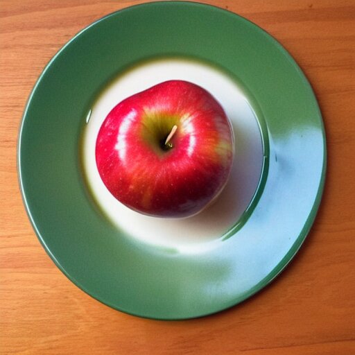 a wide angle side view realistic photo of only 3 apples on a colorful plate, award winning 