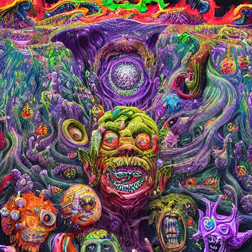 a high hyperdetailed painting with complex textures of a group of deformed monsters united within a larger monster, made of candies and psychotropic psychoactive substances cosmic psychedelic fulcolor spiritual chaos surrealism horror bizarre psycho art 