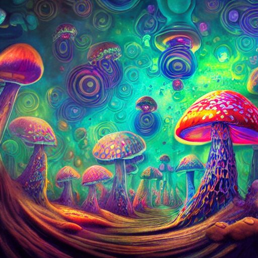 trippy mushrooms, acrilic paint, digital, artstation, detailed intricate ink illustration, heavenly atmosphere, digital art, overdetailed art, concept art, complementing colors, trending on artstation, cgstudio, the most beautiful image ever created, dramatic, subtle details 