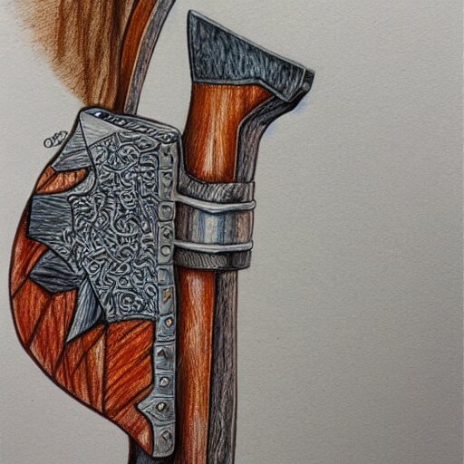  Colored pencil art on paper, Battle Axe, highly detailed, artstation, MasterPiece, Award-Winning, Caran d'Ache Luminance