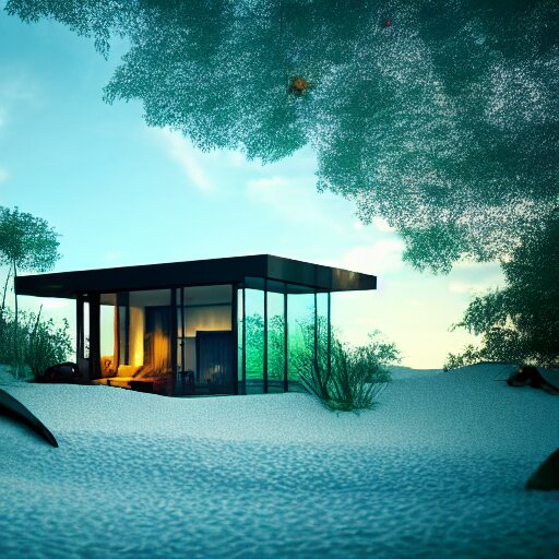 a modern house made of glass on a beach near a beautiful fantasy forest, digital art, epic composition, hd, 4 k, octane renderer, professional, intricate detail 