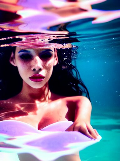 close portrait of beautiful, female, latina, floating under water, wearing robe, model, symmetrical!!, cinematic, filmic, vsco, fantasy, photography, photo - shoot, magazine, editorial, elegant, flim, dslr, full frame 3 5 mm, f 2 