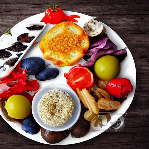 a plate of random food on the table, realistic,