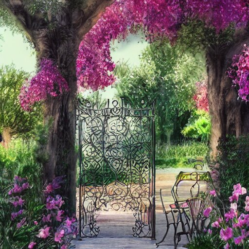 delicate, chairs, garden, paved, botanic watercolors, iridescent, 8 k, realistic shaded, fine details, artstation, italian, iron gate, tree, mediterranean, alien world 