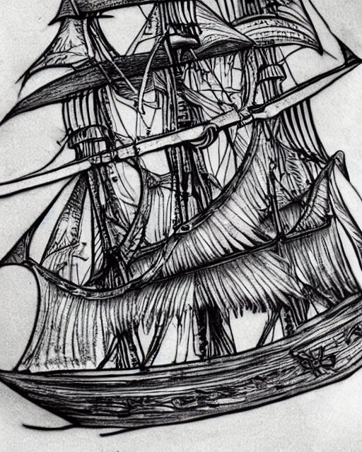 A tattoo design on paper of a pirate ship, on paper, black and white, highly detailed tattoo, realistic tattoo, by nik lucas