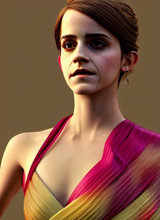 emma watson wearing finely pleated silk bihu mekhela strapless costume expertly draped goddess style dress by madeleine vionnet, assamese gamosa pattern, face by daz 3 d genesis and artgerm concept art 3 d octane render cinema 4 d v ray, unreal engine, hyper realistic hdr fabric textures, ray traced, bright lit cinematic studio fashion photography, real life like, daz iray shaders 