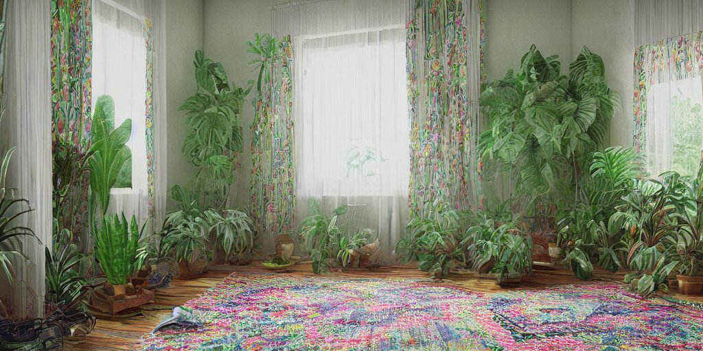 1 9 6 9 living in an older house, hippie pad, hippie chic, antiques, tropical houseplants, beaded curtains, posters on the walls, persian rugs, artstation, v - ray render, 8 k 