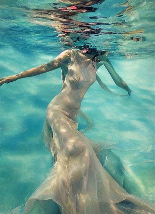 girl in a long dress swimming underwater, caustics, surreal underwater photography, oil painting by Boldini