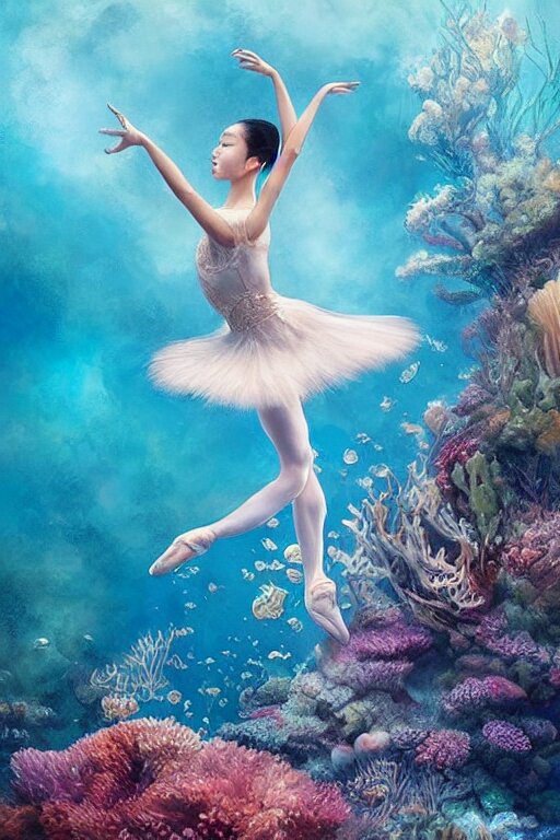 stunningly beautiful, asian prima ballerina at the bottom of the great barrier reef, smooth, focus, highly detailed, hyper realistic, dramatic lighting, intricate, concept art, art by wlop, mars ravelo 