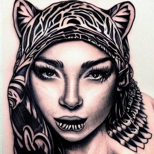 tattoo design of a beautiful girl face, the girl is wearing a tiger head hat, hyper detailed, in the design of eliot kohek 