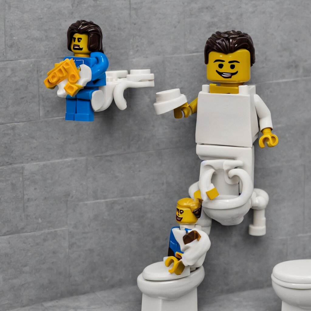 a lego figure of a man, sitting on a toilet with his pants down. there is a stream of lego bricks coming out of his behind 