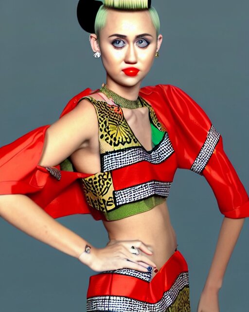 a beautiful cute miley cyrus wearing modern stylish costume in the style of Assamese bihu mekhela sador gamosa design, commercial fashion design art by WLOP, face by artgerm and daz3d genesis iray, cinematic lighting, medium shot, mid-shot, slim female figure ramp walk model pose, highly detailed, trending on Artstation, Unreal Engine 4k, cinema 4d multi-pass ray traced, 8k fabric texture details, octane render, diffused natural skin glow