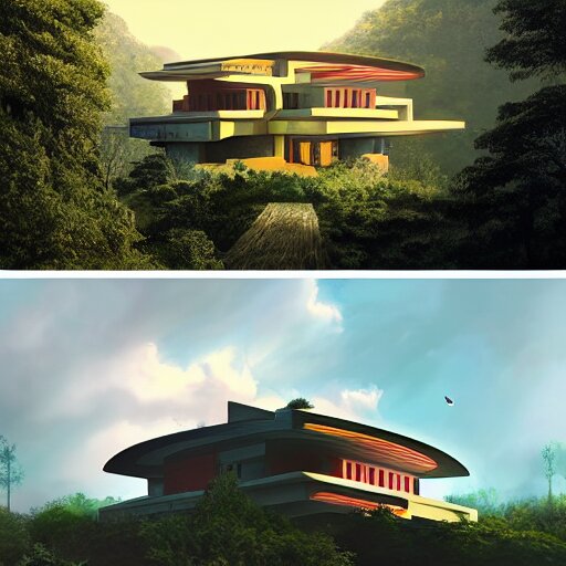 modernist house inspired by a tibetan palace, on a green hill between big trees, colorful clouds, dramatic lighting, artstation, matte painting, raphael lacoste, simon stalenhag, frank lloyd wright, zaha hadid 