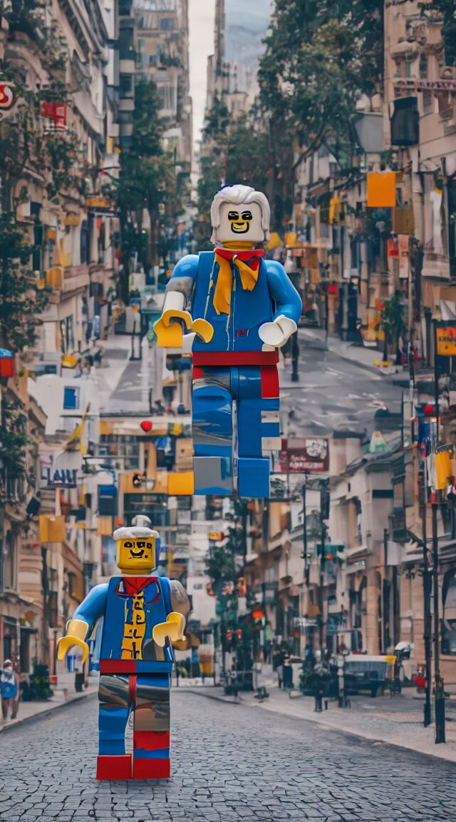 hyperrealistic giant lego man walking through street, street view, epic lighting, composition 