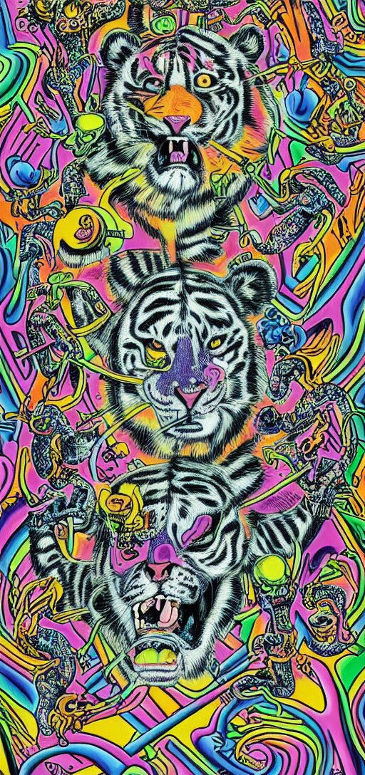 tony the tiger dissolving into neon cereal pieces, cubensis, aztec, basil wolverton, r crumb, hr giger, mc escher, dali, muted but vibrant colors, rainbow tubing 