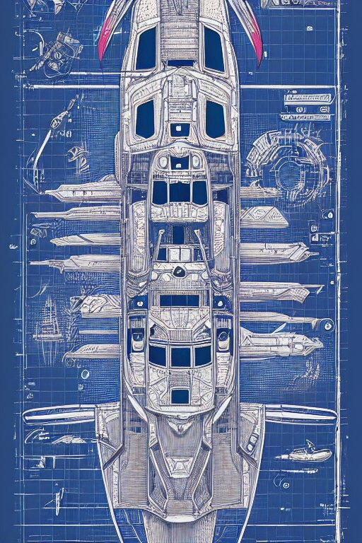 intricately detailed blueprint of a cruiser class spaceship by Jen Bartel and Dan Mumford and Satoshi Kon