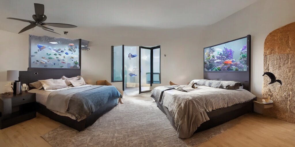 a bedroom with an aquarium behind the headboard, rays of light from the television on at midnight, calm environment, cinematic lighting, glare 