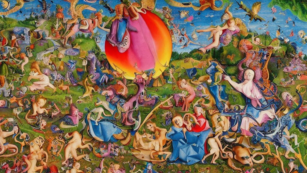 an incredibly detailed masterpiece collaborative painting by bosch and lisa frank, ornate, detailed, high resolution, wow!, intricate