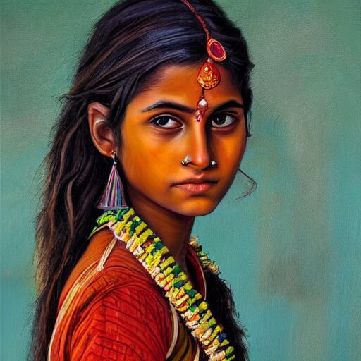 stunning, breathtaking, awe - inspiring award - winning concept art portrait painting by steve mccurry of a beautiful young hindu woman warrior with short, wavy hair, wearing a colorful sari 