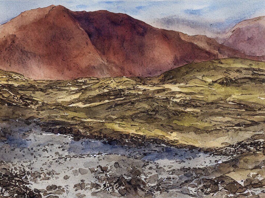 wastwater screes in early evening light painted in watercolours and pencil by william heaton cooper and rock textures by julian cooper 