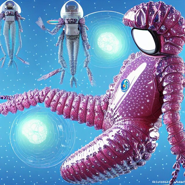 realistic extremely detailed  photo style  painting of a  astronaut eva lobster suit covered in  diamond 3d fractal lace iridescent bubble 3d skin +, camera appendage stalks+helmet clear brain case see through ,in a jumping float pose inside of a futuristic space station blobby holograpic shrink wrap bubble,
,opal ruby diamond iridescent fractal lace bubble materials,alternate reality ceramic age,
monolithic retro futuristic ,water , by style hybrid mix of beeple+Anton Pieck+Jean Delville+ Amano,Yves Tanguy+ Alphonse Mucha+ Ernst Haeckel+ Edward Robert Hughes+Stanisław Szukalski covered with compound eye camera lenses,neutron,
rich moody colors,diamond dust glitter and sparkles, granular detail,holographic krypton ion,blue eyes,octane render,4k,
f32,55mm photography,wide angle ,jumping float Pose,full shot,  